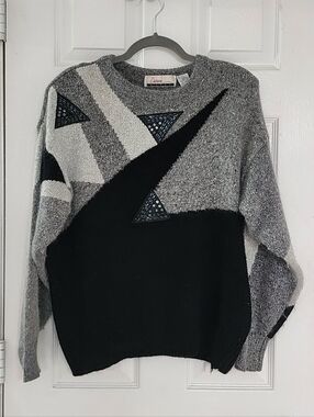 VTG Diana Marco Silk Angora Wool Beaded Geometric Sweater Gray Black L/XL